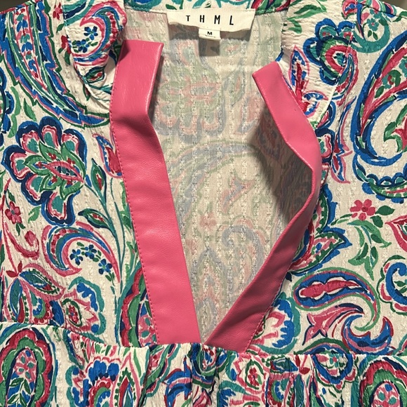 THML Paisley Print Puff Sleeve Top Faux Leather Trim - Picture 3 of 5